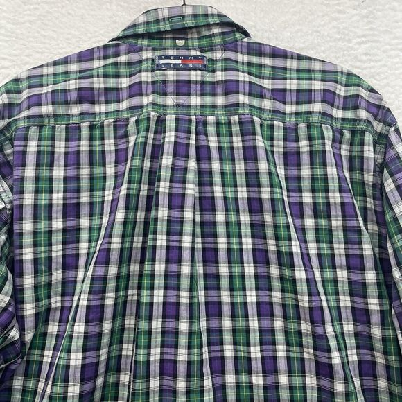 Vintage Tommy Jeans Shirt Mens Large Purple Green Tartan Plaid Button Down Logo - Picture 6 of 12